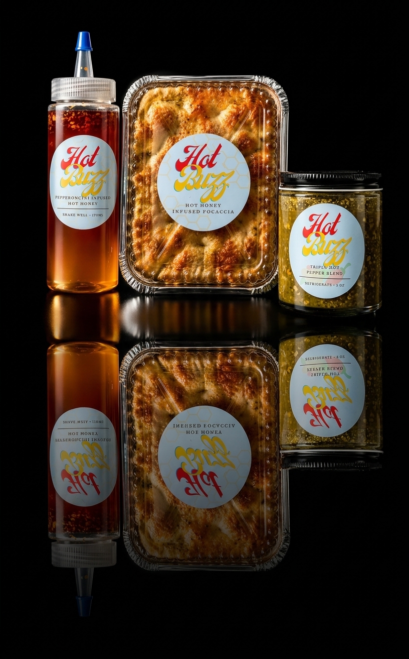 Hot Buzz product trio — hot honey, pepper sauce, focaccia